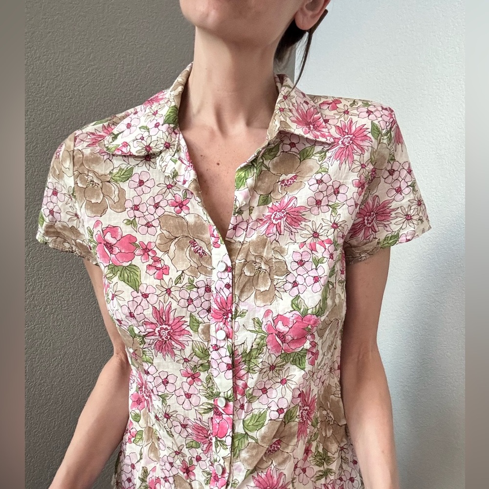 Vintage 90s Anchor Blue Floral Button Up Women’s L